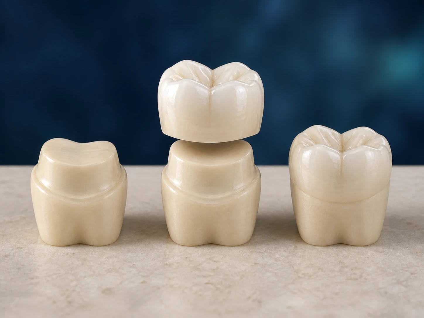 Three-stage illustration showing a prepared tooth, crown placement and a finished dental crown