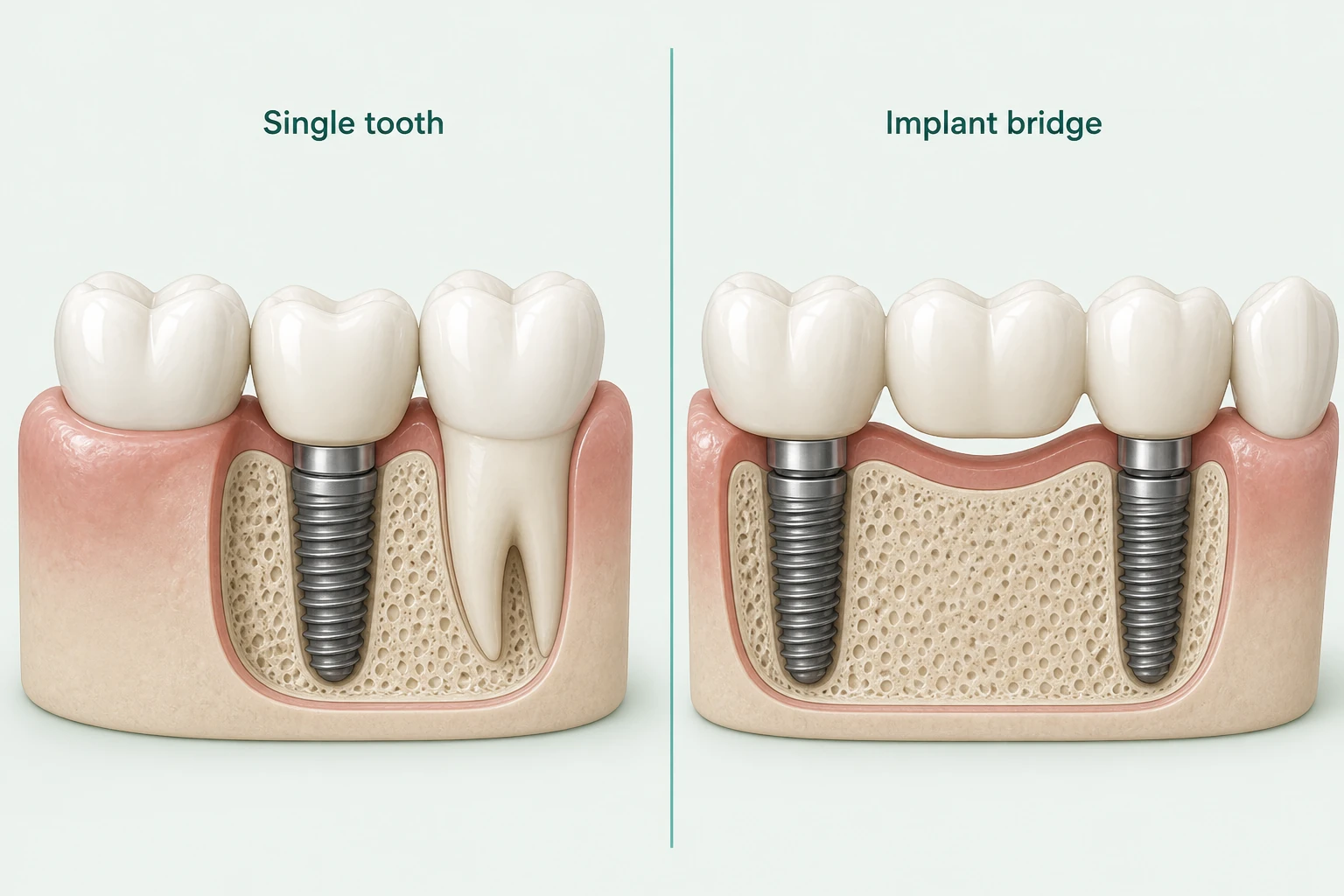 Educational comparison of a single implant crown and a three-tooth bridge supported by two implants