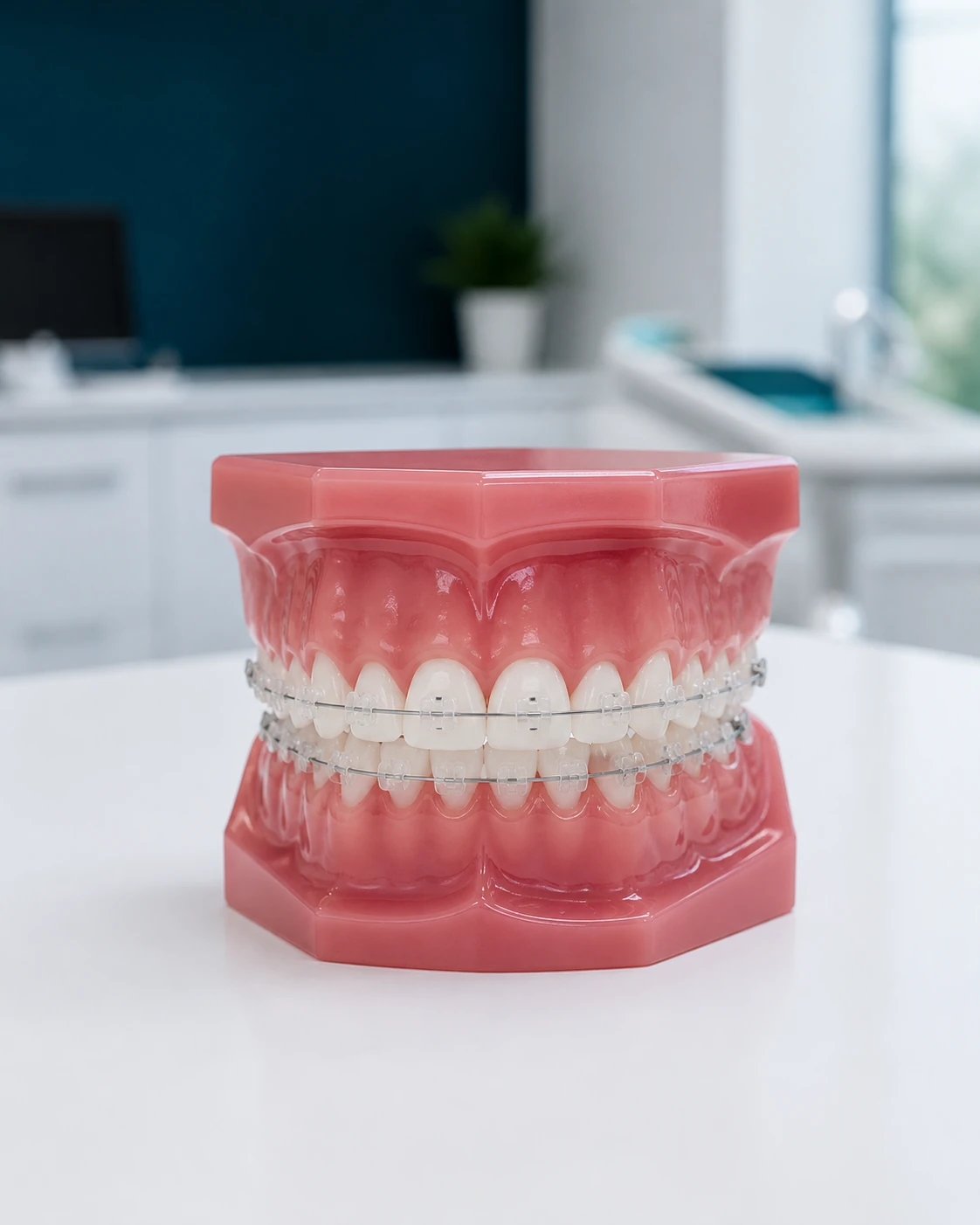 Dental model showing discreet tooth-coloured ceramic braces