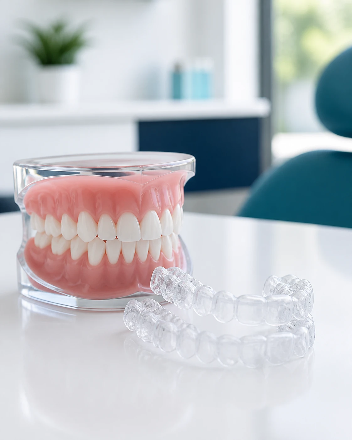 Transparent clear dental aligners displayed beside a dental model