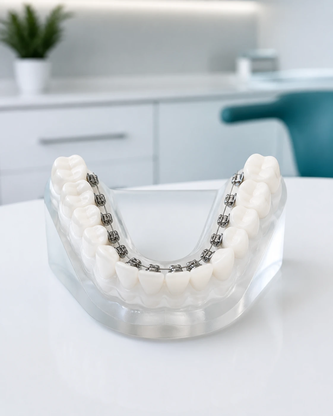 Dental model viewed from above showing lingual braces fitted behind the teeth