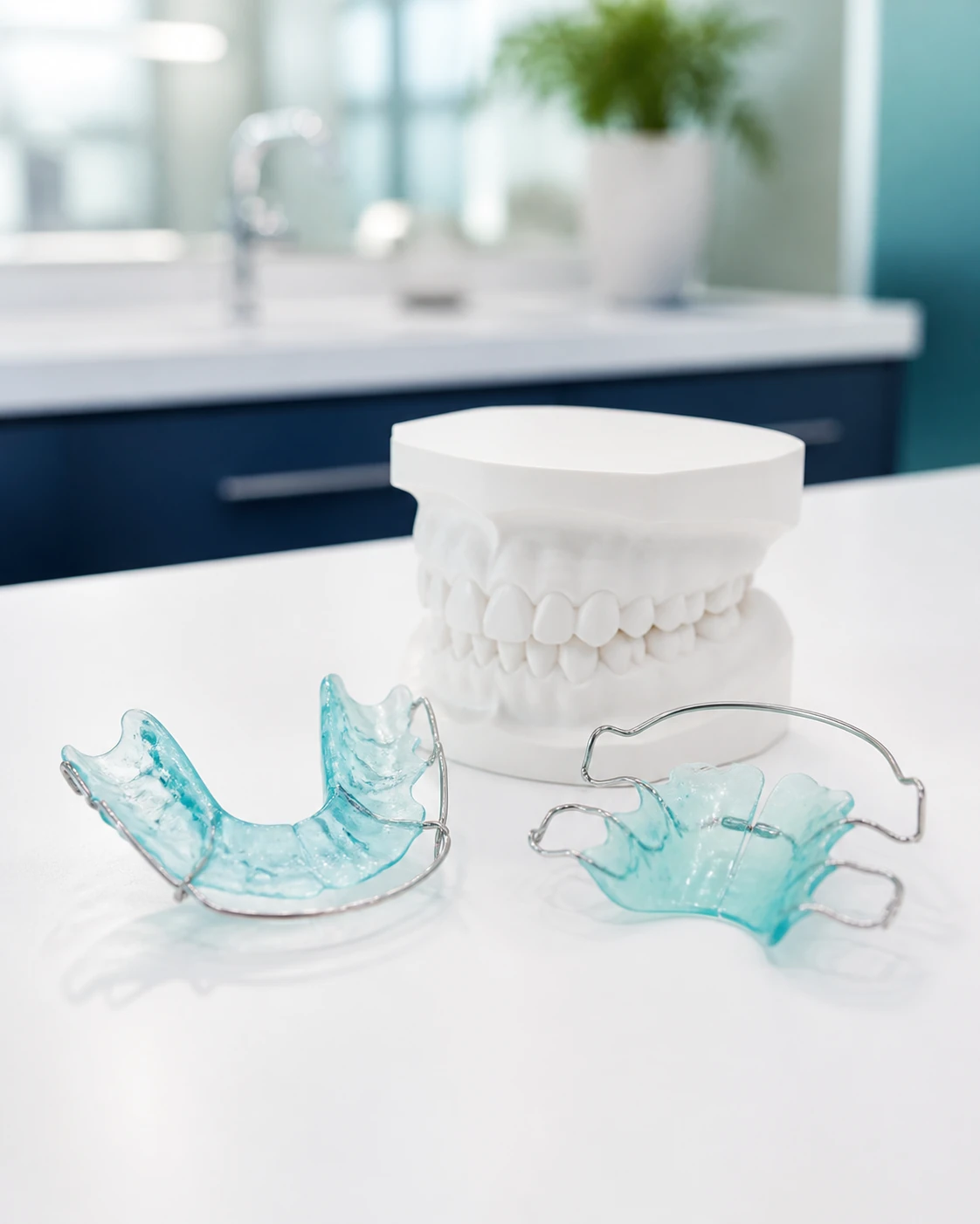 Clear and Hawley-style orthodontic retainers displayed beside a dental model
