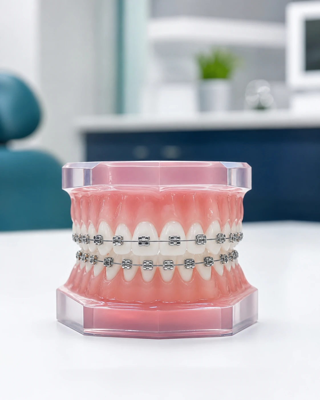 Dental model showing modern self-ligating braces with built-in bracket clips